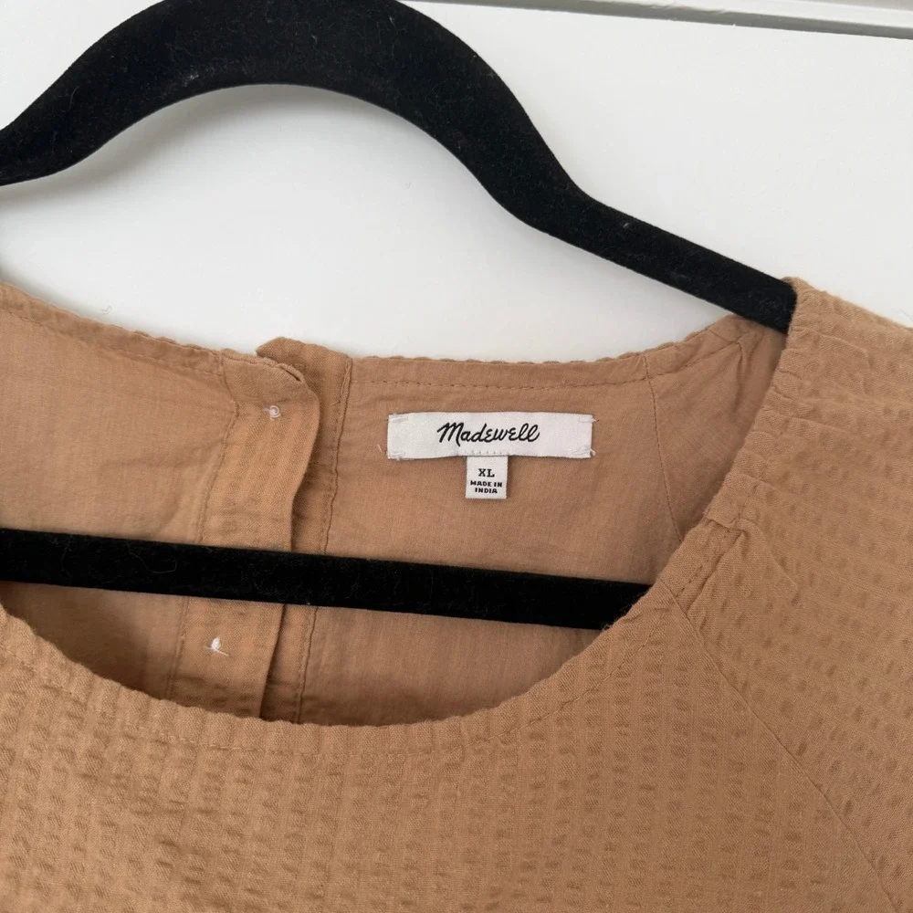Madewell Seersucker Cutout Tiered Mini Dress Tawny Brown Puff Sleeve XL NE614 - Picture 6 of 10